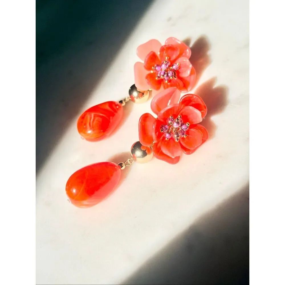 Bright burnt red and orange summertime flower tropical earrings